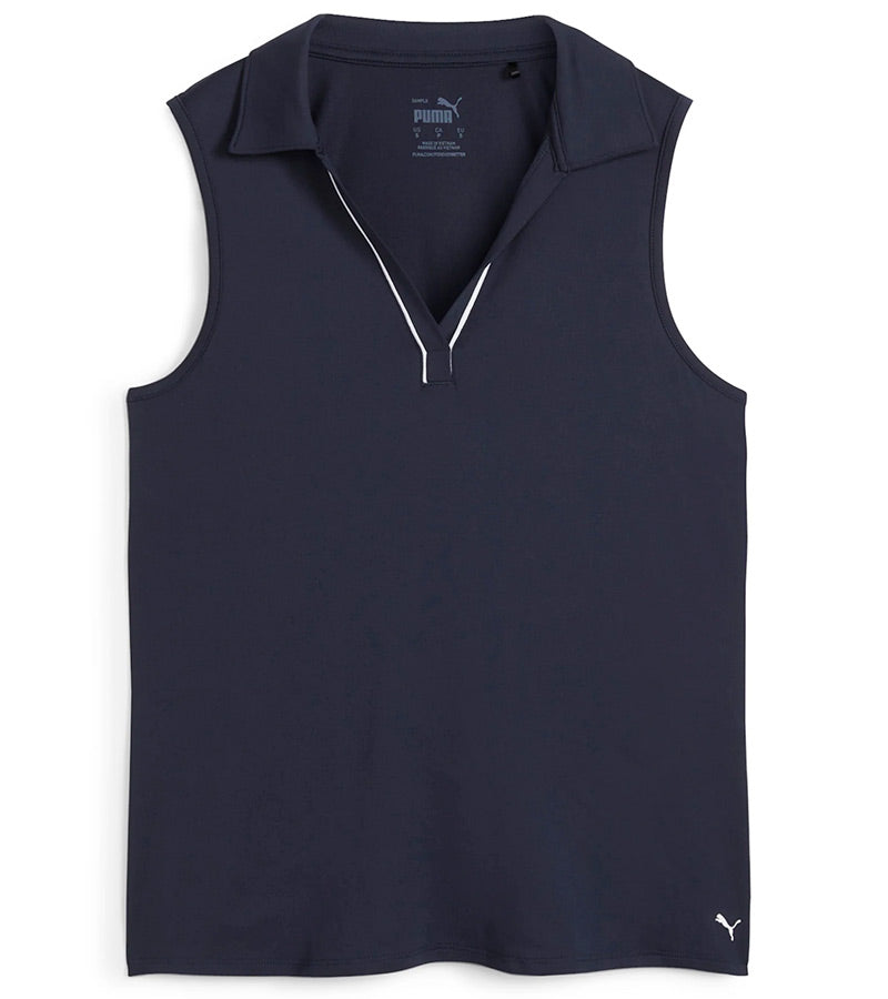 Puma Womens CLOUDSPUN Piped Sleeveless Golf Polo Shirt- front in solid Deep Navy. With a classic collar, the golf shirt’s standout feature is its piped detailing at the V neckline adding a touch of sophistication to the overall design.