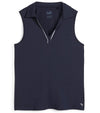 Puma Womens CLOUDSPUN Piped Sleeveless Golf Polo Shirt- front in solid Deep Navy. With a classic collar, the golf shirt’s standout feature is its piped detailing at the V neckline adding a touch of sophistication to the overall design.