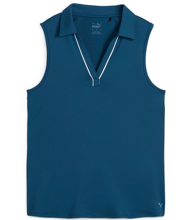 Puma Womens CLOUDSPUN Piped Sleeveless Golf Polo Shirt- front in solid Ocean Tropic. With a classic collar, the golf shirt’s standout feature is its piped detailing at the V neckline adding a touch of sophistication to the overall design.