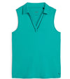 Puma Womens CLOUDSPUN Piped Sleeveless Golf Polo Shirt- front in solid Sparkling Green. With a classic collar, the golf shirt’s standout feature is its piped detailing at the V neckline adding a touch of sophistication to the overall design.