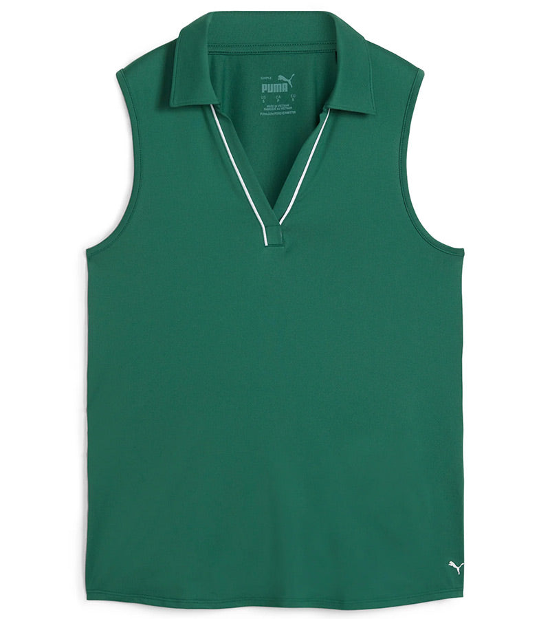 Puma Womens CLOUDSPUN Piped Sleeveless Golf Polo Shirt- front in solid Vine. With a classic collar, the golf shirt’s standout feature is its piped detailing at the V neckline adding a touch of sophistication to the overall design