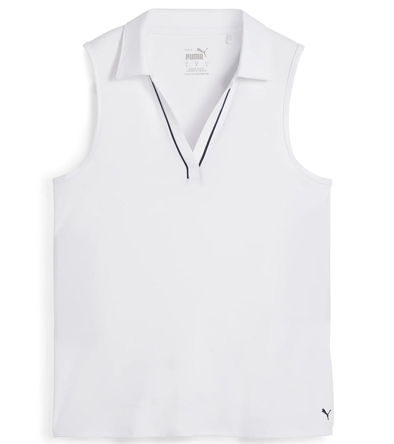 Puma Womens CLOUDSPUN Piped Sleeveless Golf Polo Shirt- front in solid White Glow. With a classic collar, the golf shirt’s standout feature is its piped detailing at the V neckline adding a touch of sophistication to the overall design