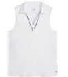 Puma Womens CLOUDSPUN Piped Sleeveless Golf Polo Shirt- front in solid White Glow. With a classic collar, the golf shirt’s standout feature is its piped detailing at the V neckline adding a touch of sophistication to the overall design