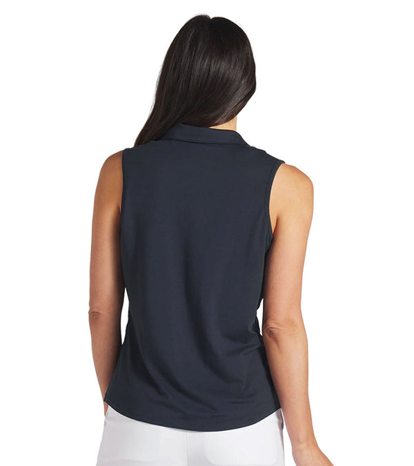 Puma Womens CLOUDSPUN Piped Sleeveless Golf Polo Shirt Sleeve in Deep Navy with model back view-  the classic collar neckline featuring piped detailing at the V neckline