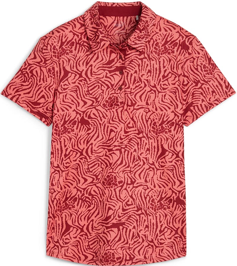 Puma Womens CLOUDSPUN Zebra Golf Polo Shirt front in Salmon / Intense Red featuring a bold all over zebra pattern with a coordinating solid accent color for the inner collar and inner button placket.