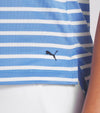 Puma Womens Everyday Stripe Pique Golf Polo Shirt in striped Blue Skies / White Glow with a closeup of tthe cat logo.