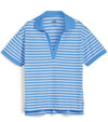 Puma Womens Everyday Stripe Pique Golf Polo Shirt- front in striped Blue Skies / White Glow featuring Blue Skies piped detailing at the V neckline, Blue Skies classic collar and Blue Skies banded short sleeves adding a touch of sophistication to the overall design.