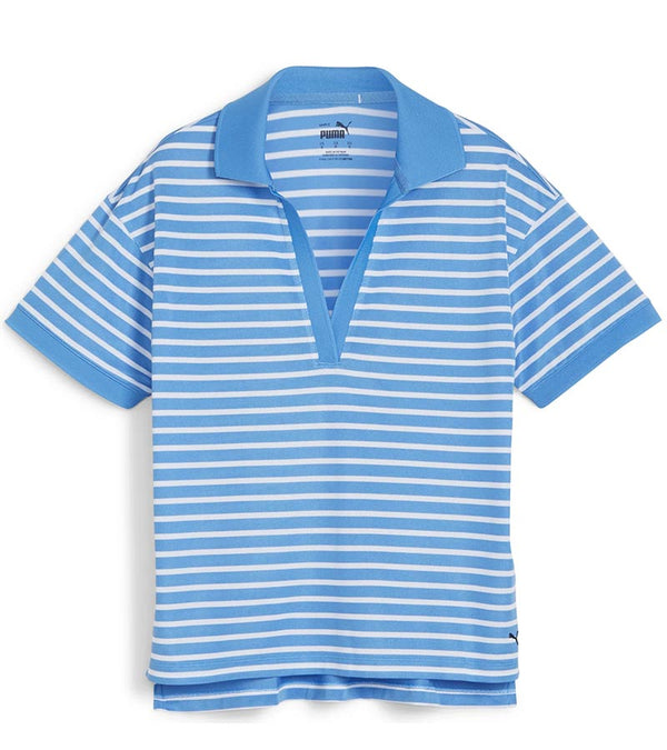 Puma Womens Everyday Stripe Pique Golf Polo Shirt- front in striped Blue Skies / White Glow featuring Blue Skies piped detailing at the V neckline, Blue Skies classic collar and Blue Skies banded short sleeves adding a touch of sophistication to the overall design.