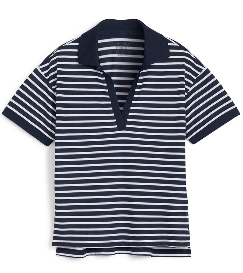 Puma Womens Everyday Stripe Pique Golf Polo Shirt- front in striped Deep Navy / White Glow featuring Deep Navy piped detailing at the V neckline, Deep Navy classic collar and Deep Navy banded short sleeves adding a touch of sophistication to the overall design.