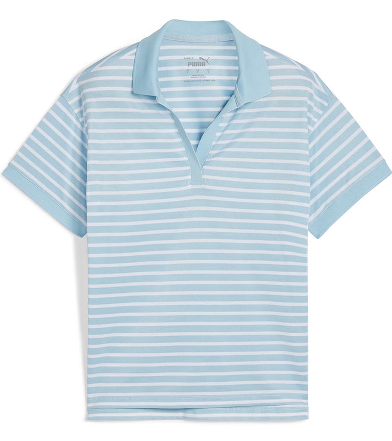 Puma Womens Everyday Stripe Pique Golf Polo Shirt-  front in striped Silver Sky / White Glow featuring Silver Sky piped detailing at the V neckline,  Silver Sky classic collar and Silver Sky banded short sleeves adding a touch of sophistication to the overall design.