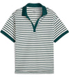 Puma Womens Everyday Stripe Pique Golf Polo Shirt- front in striped Warm White / Dark Myrtle featuring Dark Myrtle piped detailing at the V neckline, Dark Myrtle classic collar and Dark Myrtle banded short sleeves adding a touch of sophistication to the overall design.