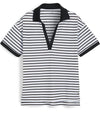 Puma Womens Everyday Stripe Pique Golf Polo Shirt-  front in striped White Glow / Puma Black featuring black piped detailing at the V neckline,  black  classic collar and black banded short sleeves adding a touch of sophistication to the overall design.