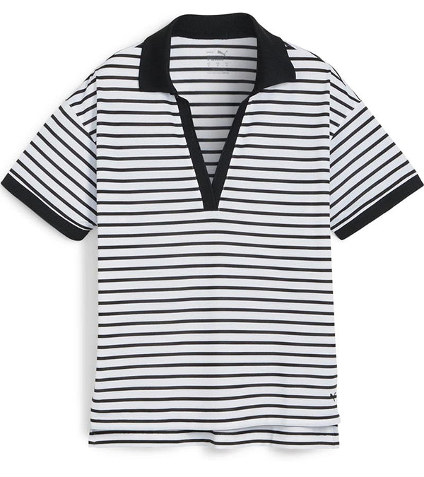 Puma Womens Everyday Stripe Pique Golf Polo Shirt-  front in striped White Glow / Puma Black featuring black piped detailing at the V neckline,  black  classic collar and black banded short sleeves adding a touch of sophistication to the overall design.