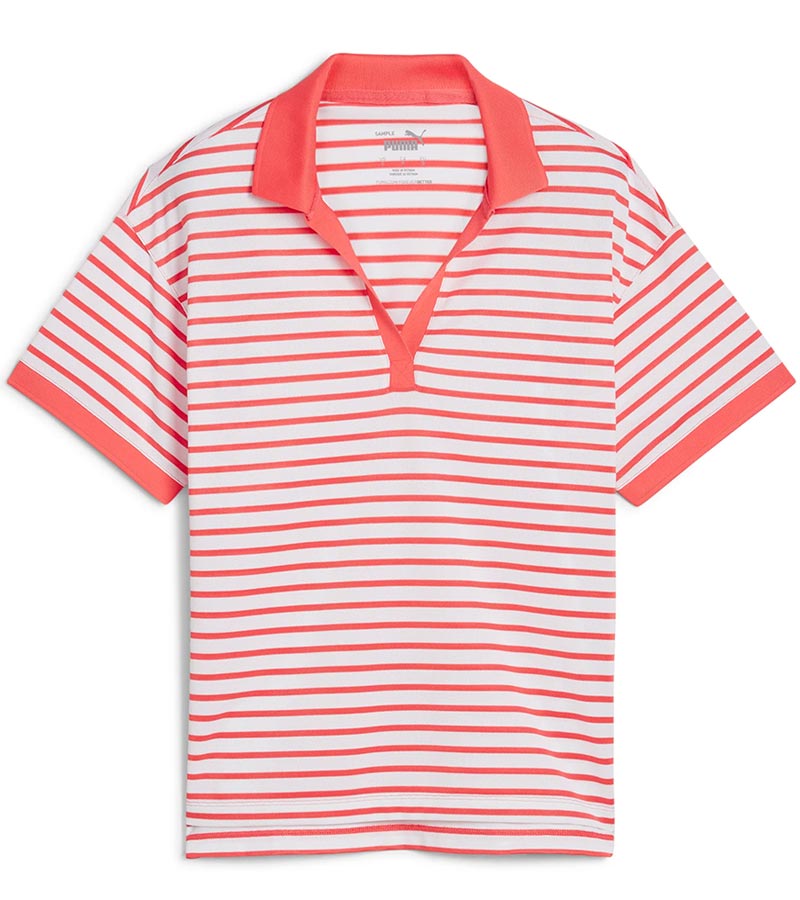 Puma Womens Everyday Stripe Pique Golf Polo Shirt-  front in striped White Glow / Salmon featuring Salmon piped detailing at the V neckline, Salmon classic collar and Salmon banded short sleeves adding a touch of sophistication to the overall design.