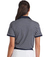 Puma Womens Everyday Stripe Pique Golf Polo Shirt- model back in striped White Glow / Puma Black featuring black piped detailing at the V neckline,  black  classic collar and black banded short sleeves adding a touch of sophistication to the overall design.