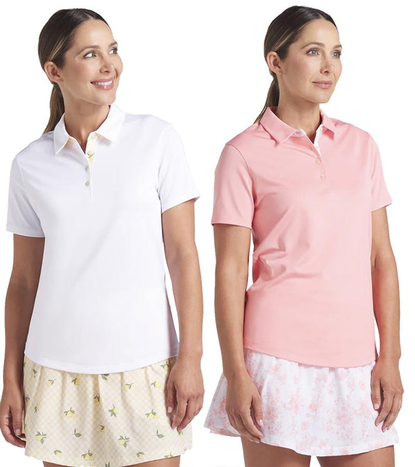 Puma  Pique Accent Womens Golf Polo Shirt - two model in Pink Fruit  and
White Glow - front view
