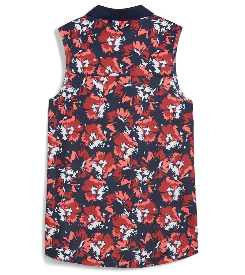 PUMA Women's Pique Borrego Sleeveless Golf Polo shirt -back in Deep Navy/Salmon has an abstract all over floral pattern solid  navy color accent collar and 3 button placket.