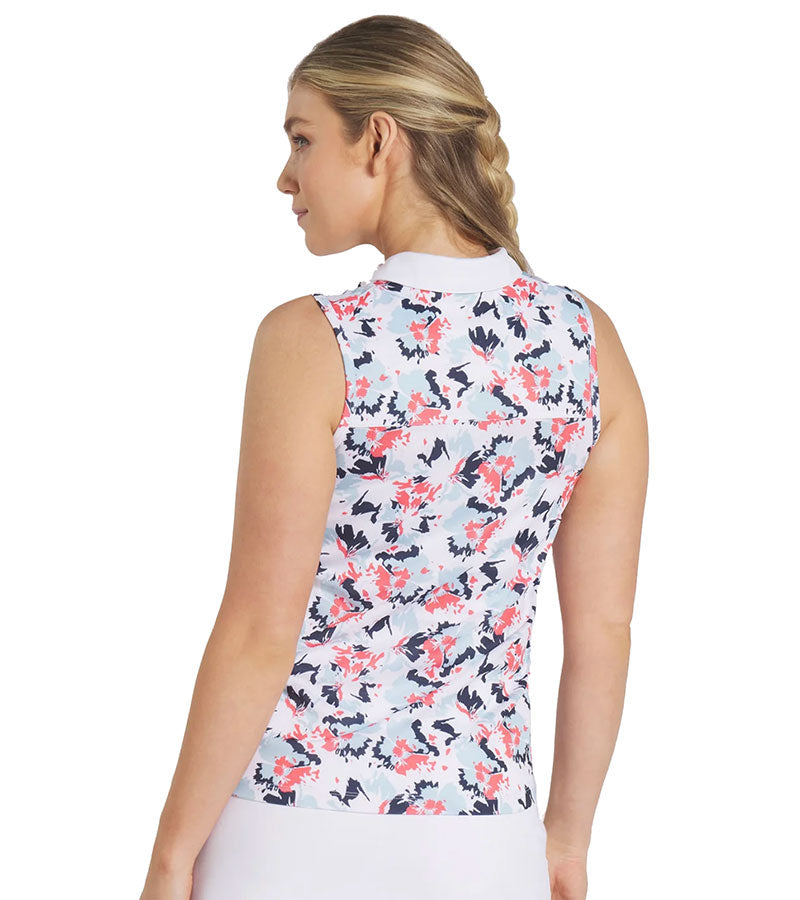 PUMA Women's Pique Borrego Sleeveless Golf Polo shirt - back in White Glow/Silver Sky has an abstract all over floral pattern, solid white color collar and 5 button placket.