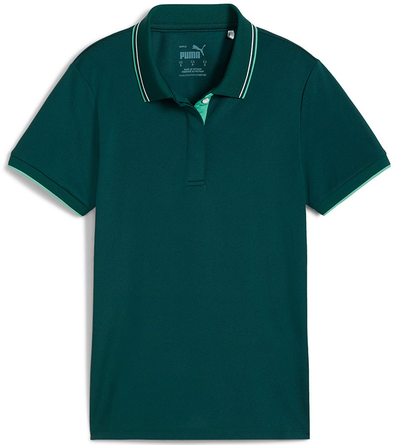 Puma Womens Pique Tipped Golf Polo Shirt - front in solid Dark Myrtle
featuring a classic collar with light green & white contrast piping and a light green three-button inner placket.
