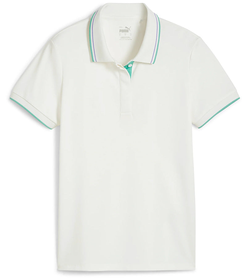 Puma Womens Pique Tipped Golf Polo Shirt - front in solid Warm White featuring a classic collar with green & lavender contrast piping and a green three-button inner placket.