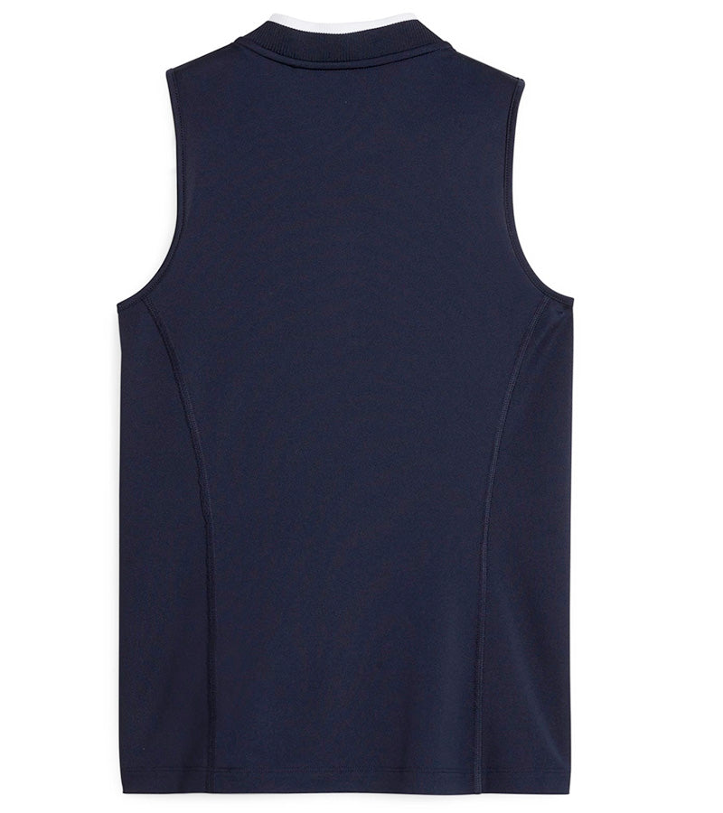 PUMA Women's Range Pique Sleeveless Golf Polo shirt - back in solid Deep Navy featuring a ribbed collar with white contrast piping and a three-button placket