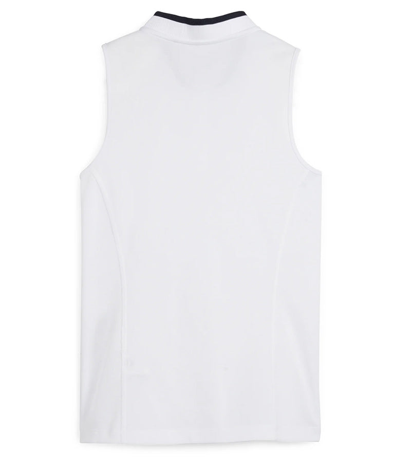 PUMA Women's Range Pique Sleeveless Golf Polo shirt - back in solid White Glow featuring a ribbed collar with black contrast piping and a three-button placket.