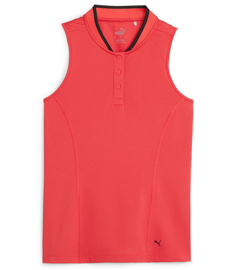 PUMA Women's Range Pique Sleeveless Golf Polo shirt - front in solid Active Redfeaturing a ribbed collar with black contrast piping and a three-button placket.