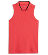 PUMA Women's Range Pique Sleeveless Golf Polo shirt - front in solid Active Redfeaturing a ribbed collar with black contrast piping and a three-button placket.