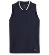 PUMA Women's Range Pique Sleeveless Golf Polo shirt - front in solid Deep Navy featuring a ribbed collar with white contrast piping and a three-button placket