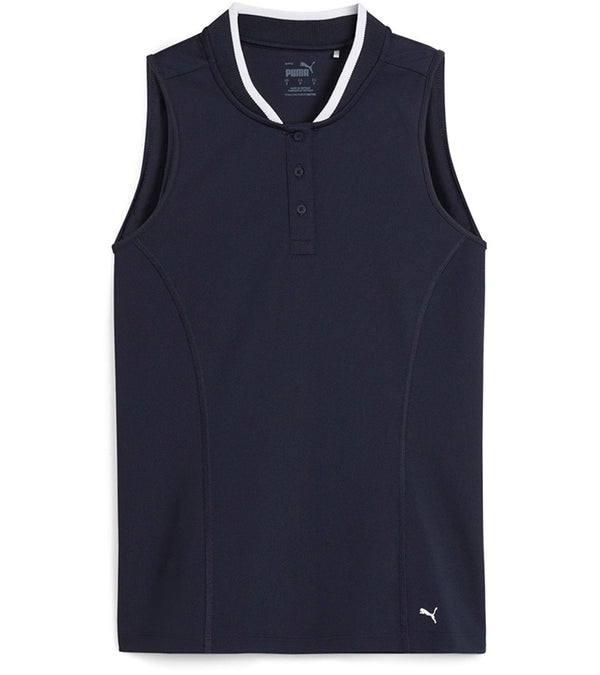 PUMA Women's Range Pique Sleeveless Golf Polo shirt - front in solid Deep Navy featuring a ribbed collar with white contrast piping and a three-button placket