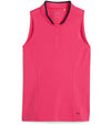 PUMA Women's Range Pique Sleeveless Golf Polo shirt model front in solid Garnet Rose - front featuring a ribbed collar with black contrast piping and a three-button placket.