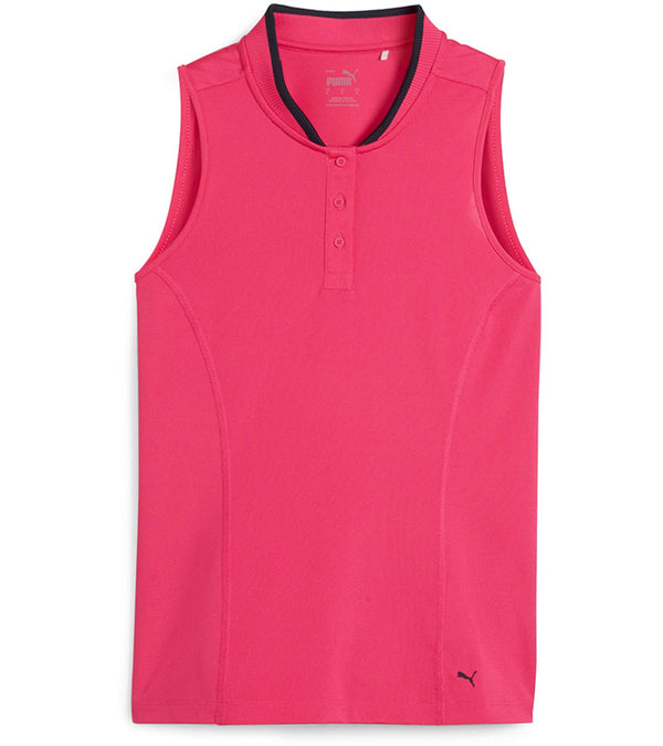 PUMA Women's Range Pique Sleeveless Golf Polo shirt model front in solid Garnet Rose - front featuring a ribbed collar with black contrast piping and a three-button placket.