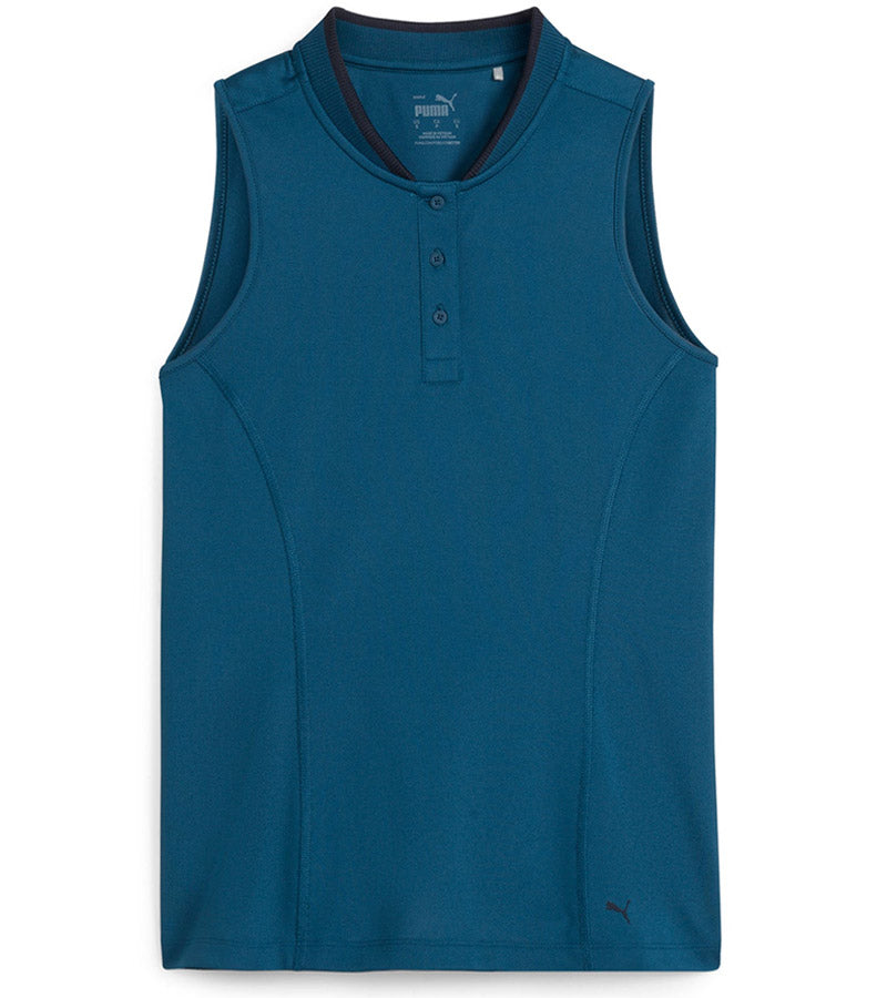 PUMA Women's Range Pique Sleeveless Golf Polo shirt - front in solid Ocean Tropic featuring a ribbed collar with black contrast piping and a three-button placket.
