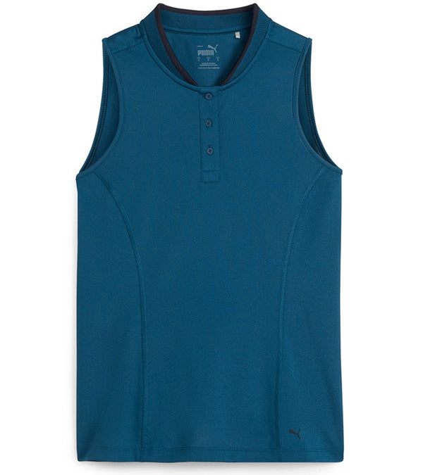 PUMA Women's Range Pique Sleeveless Golf Polo shirt - front in solid Ocean Tropic featuring a ribbed collar with black contrast piping and a three-button placket.
