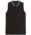 PUMA Women's Range Pique Sleeveless Golf Polo shirt - front in solid Puma Black featuring a ribbed collar with white contrast piping and a three-button placket.