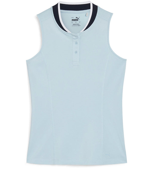 PUMA Women's Range Pique Sleeveless Golf Polo shirt  front in solid Silver Sky featuring a ribbed collar with navy contrast piping and a three-button placket.