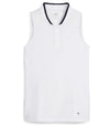 PUMA Women's Range Pique Sleeveless Golf Polo shirt - front in solid White Glow featuring a ribbed collar with black contrast piping and a three-button placket.
