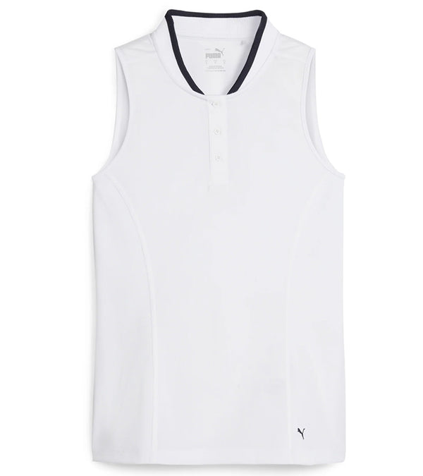 PUMA Women's Range Pique Sleeveless Golf Polo shirt - front in solid White Glow featuring a ribbed collar with black contrast piping and a three-button placket.
