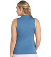 PUMA Women's Range Pique Sleeveless Golf Polo shirt model front in solid Blue Horizon with model backfeaturing a ribbed collar with white contrast piping and a three-button placket.