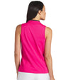 PUMA Women's Range Pique Sleeveless Golf Polo shirt model front in solid Garnet Rose with model back featuring a ribbed collar with black contrast piping and a three-button placket.