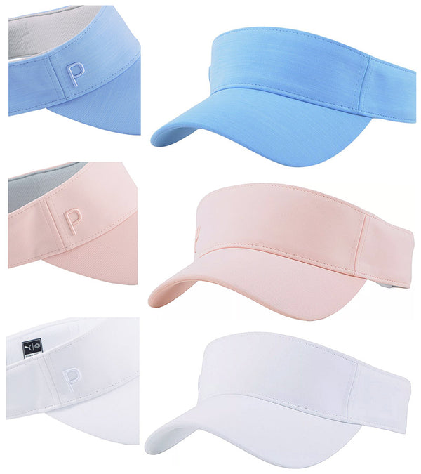 Puma Womens Sport P Golf Visor -3 quarter view & close up of Pume logo in 3 colors: Blue Skies, Rose Dust, White