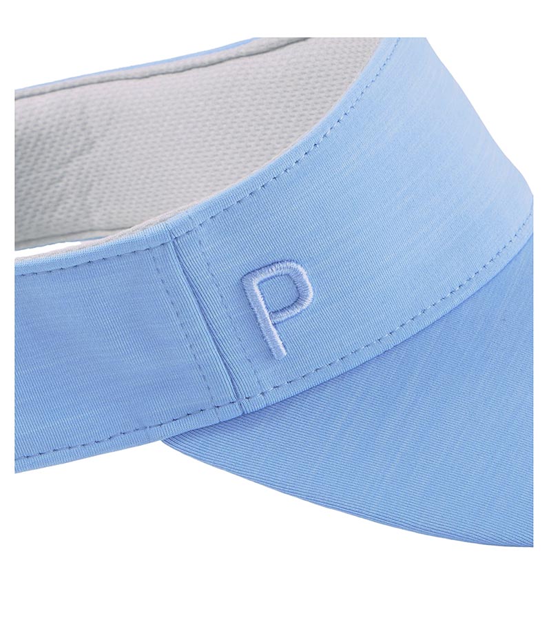 Puma Womens Sport P Golf Visor in Blue Skies closeup of logo