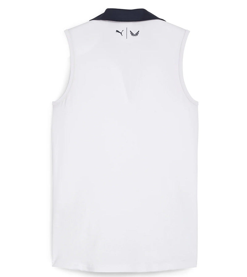 Puma Womens Volition Piped Sleeveless Golf Polo - back in White Glow features a classic sleeveless design with distinctive contrast details with a contrasting collar and signature red piping along the V-neck placket.