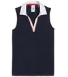 Puma Womens Volition Piped Sleeveless Golf Polo -front in Deep Navy features a classic sleeveless design with distinctive contrast details with a contrasting collar and signature red piping along the V-neck placket.