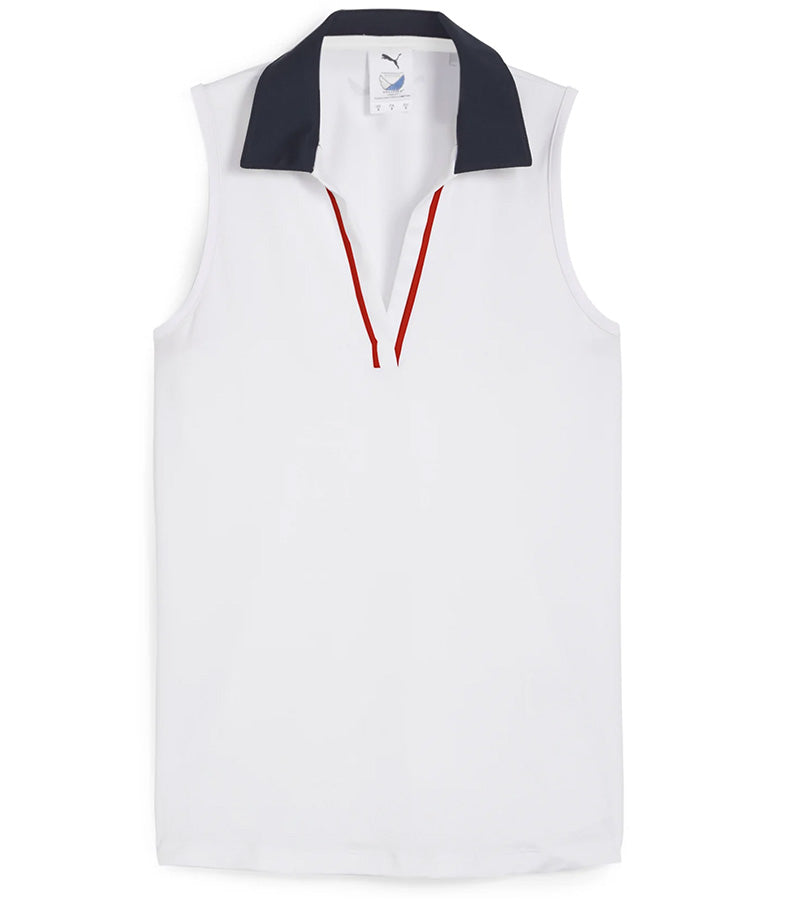 Puma Womens Volition Piped Sleeveless Golf Polo - front in White Glow features a classic sleeveless design with distinctive contrast details with a contrasting collar and signature red piping along the V-neck placket.