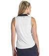 Puma Womens Volition Piped Sleeveless Golf Polo model back in White Glow features a classic sleeveless design with distinctive contrast details with a contrasting collar and signature red piping along the V-neck placket.