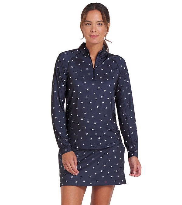 Puma Volition YouV Star Womens Golf Quarter Zip in Deep Navy - partial model in front view