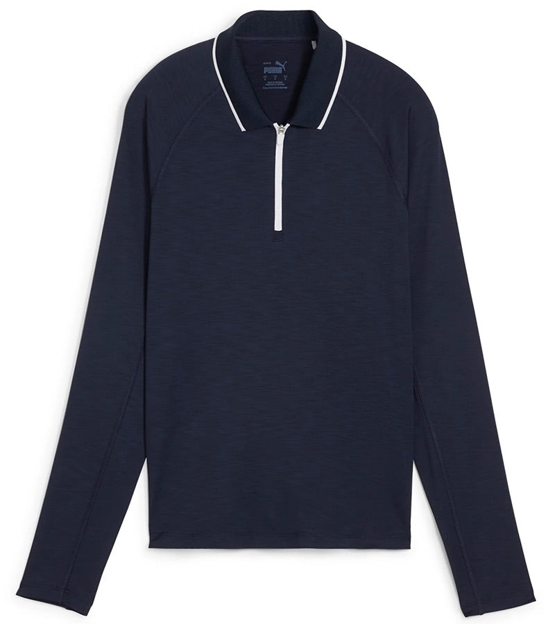 PUMA Women's YouV Long Sleeve Golf Polo shirt in solid Deep Navy front featuring a classic zippered placket and contrast white piping detail on the collar.