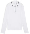 PUMA Women's YouV Long Sleeve Golf Polo shirt  front in solid White Glow with model front featuring a classic zippered placket and contrast  navy piping details on the collar.