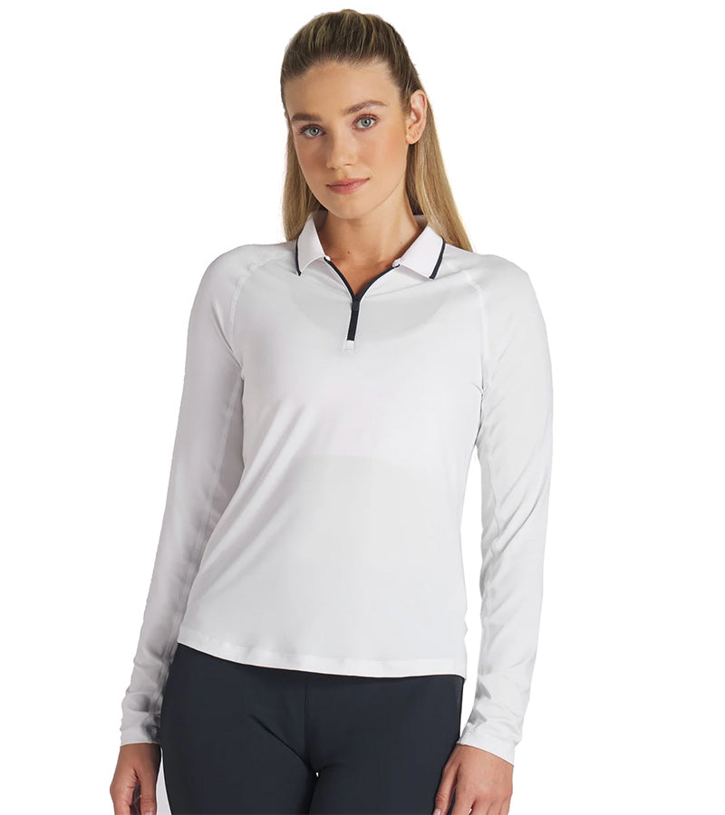 PUMA Women's YouV Long Sleeve Golf Polo shirt model front in solid White Glow with model front featuring a classic zippered placket and contrast piping details on the collar.